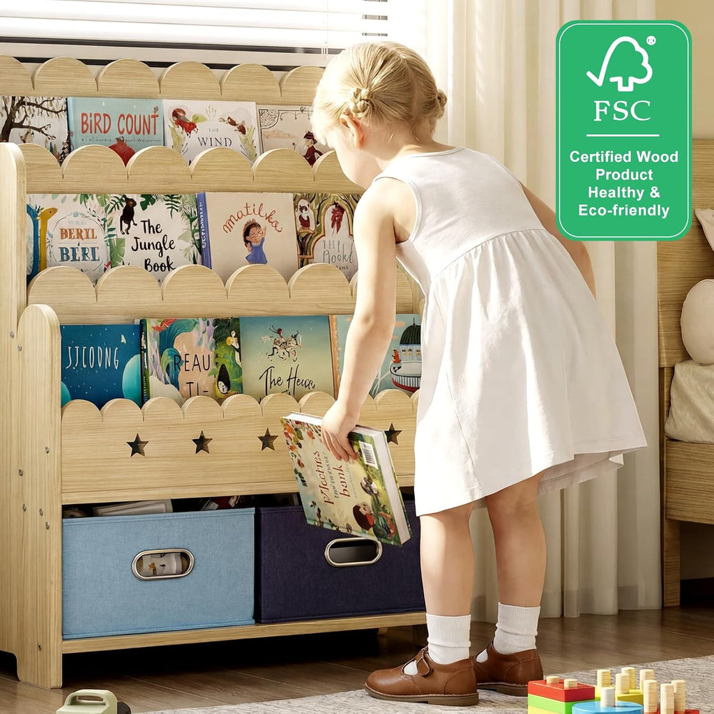 2-in-1 Kids Bookshelf with Toy Storage Drawers, Scalloped Montessori Bookcase Front Facing for Toddlers, Solid Wood