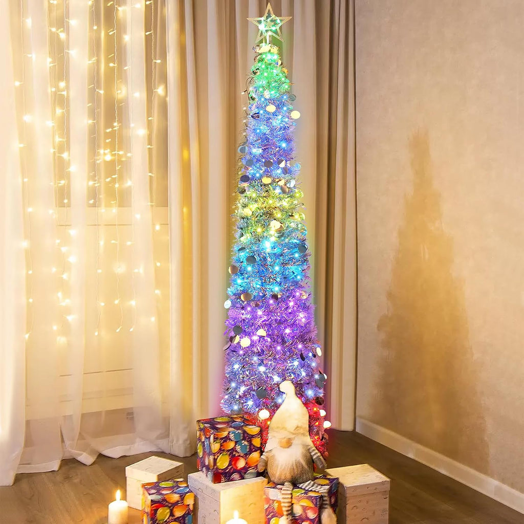 5 Ft Pop Up Christmas Tinsel Tree with Multi-Color Timer LED Lights, Collapsible Pencil Christmas Tree with Remote