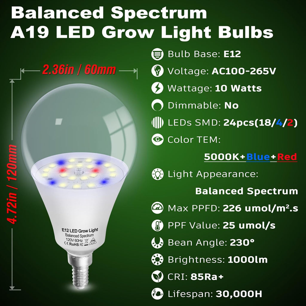 Full Spectrum LED Indoor Plant Grow Light Bulbs E12 Candelabra Base