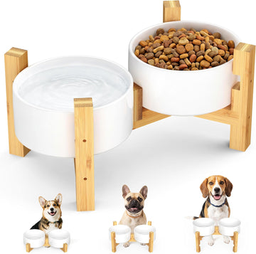 Elevated Dog Bowls with Adjustable Bamboo Stand, Ceramic Dog Food and Water Bowl Set, Raised Dog Bowl for Small &