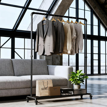 Industrial Pipe Clothing Rack with Wheels, Heavy Duty Rolling Garment Rack, Clothes Rack with Bottom Storage