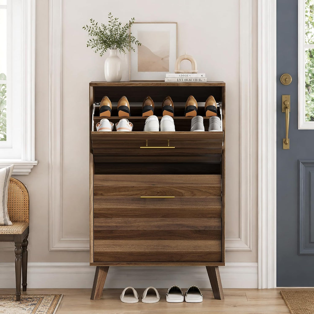 24" Mid Century Modern Slim Flip Top Shoe Cabinet, Freestanding Double Flip Door Large Capacity Narrow Shoe Storage