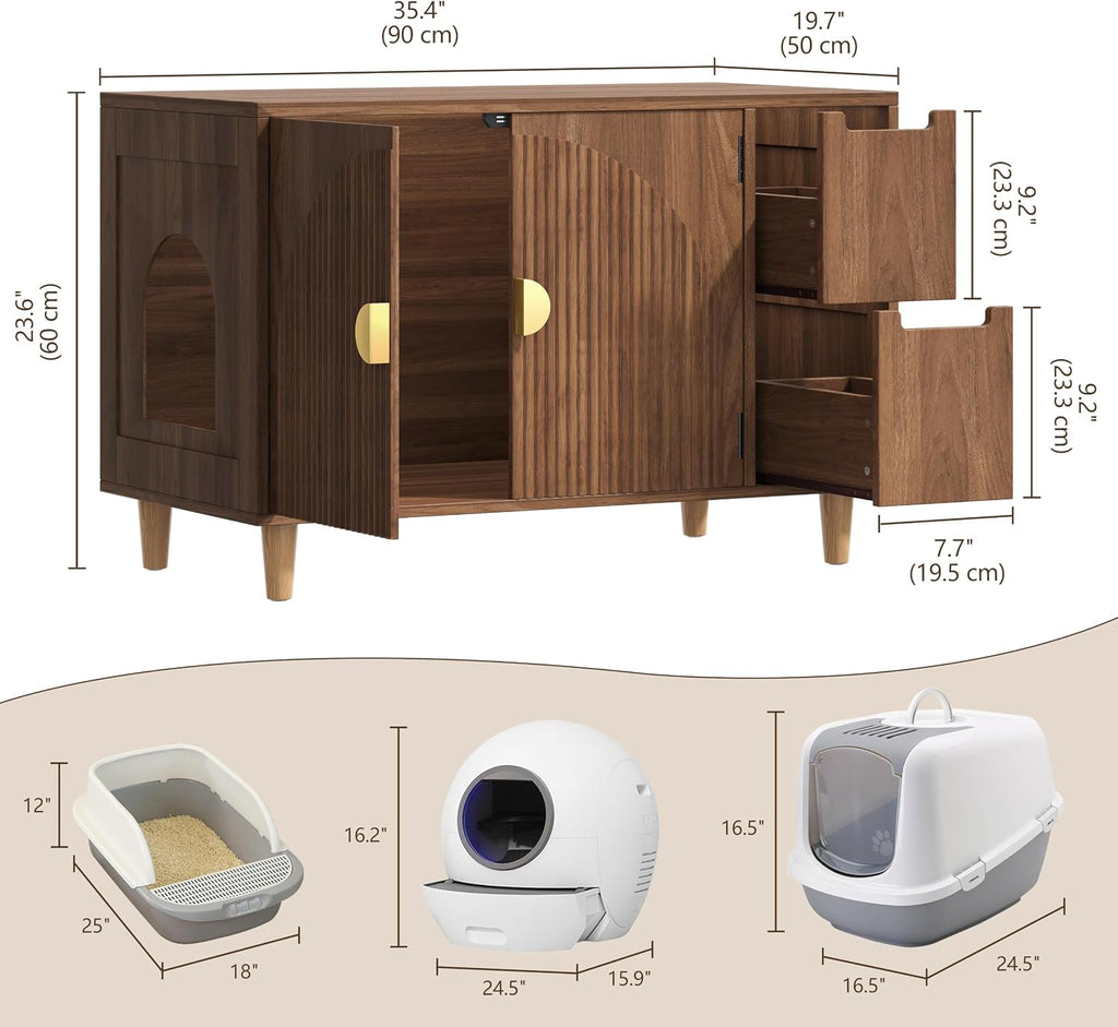35.4" Wooden Fluted Cat Litter Box Enclosure with 2 Layer Drawers