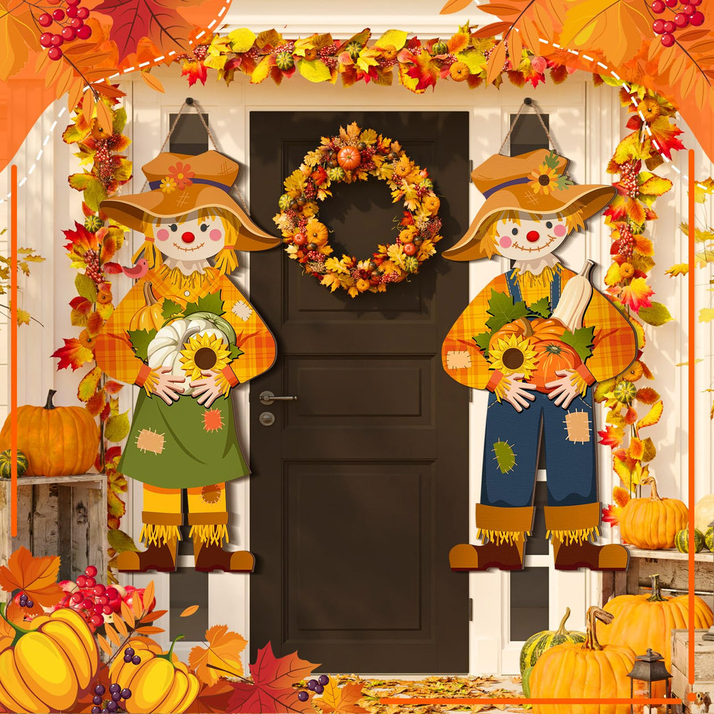 2 Pcs Thanksgiving Scarecrow Door Decor, Fall Welcome Hanging Sign