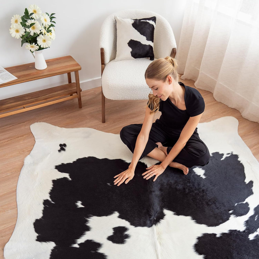 100% Genuine Brazilian Cowhide Rug - Black and White - Luxury Cowskin Leather Area Rug Décor 7 x 6 feet
