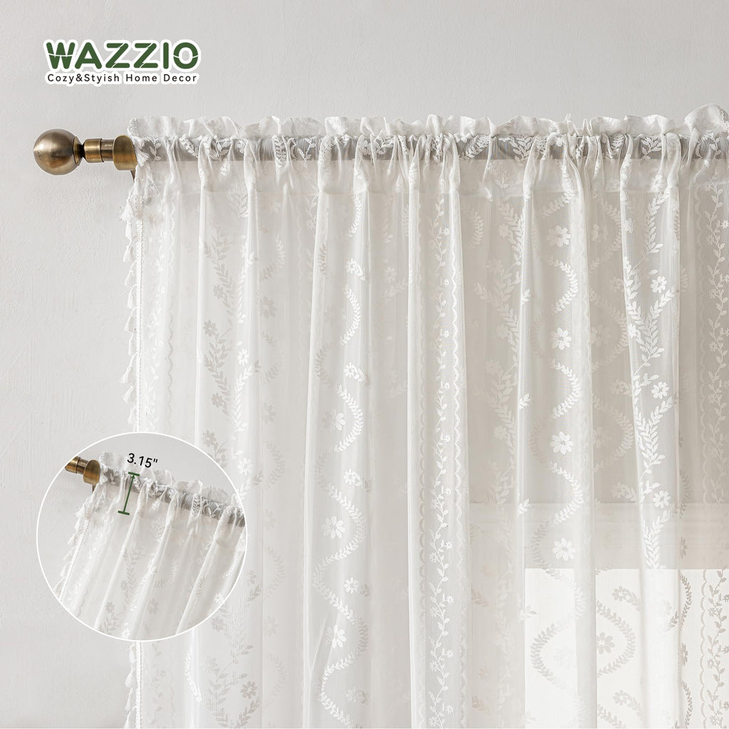 White Boho Lace Curtains 96 Inch -Cute Vintage Victorian Sheer Panel Drape French Country Floral Pattern & Tassel