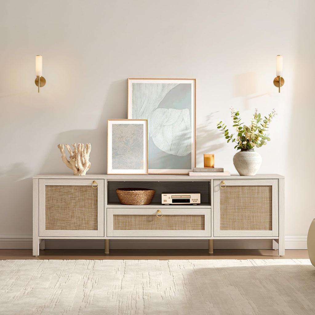 Rattan TV Stand for TVs up to 75 Inch, White Entertainment Center