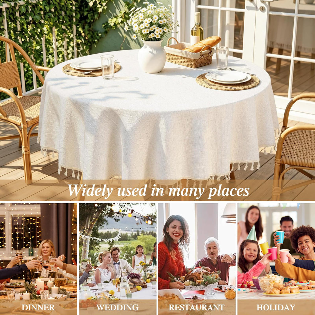 Linen Round Tablecloth 60 Inch Boho Beige Table Cloth with Tassels