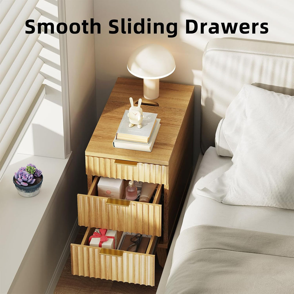 Narrow Nightstand with Hidden Outlets & USB Ports, Modern Fluted Bedside Table with 3 Drawers, Engineering Wooden End