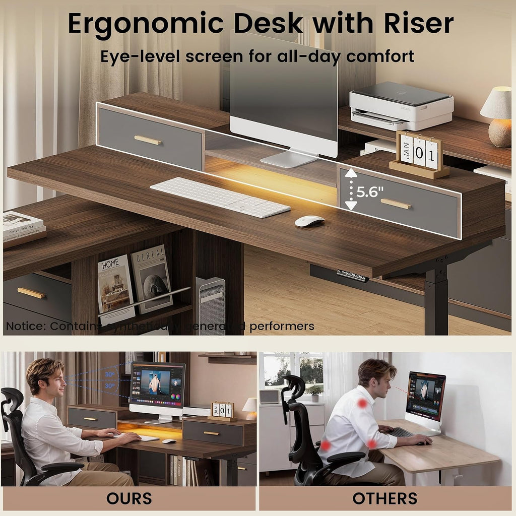 61'' L Shaped Electric Standing Desk, 360° Rotating, 4 Drawers | Height Adjustable Desk with LED Light, Monitor Riser