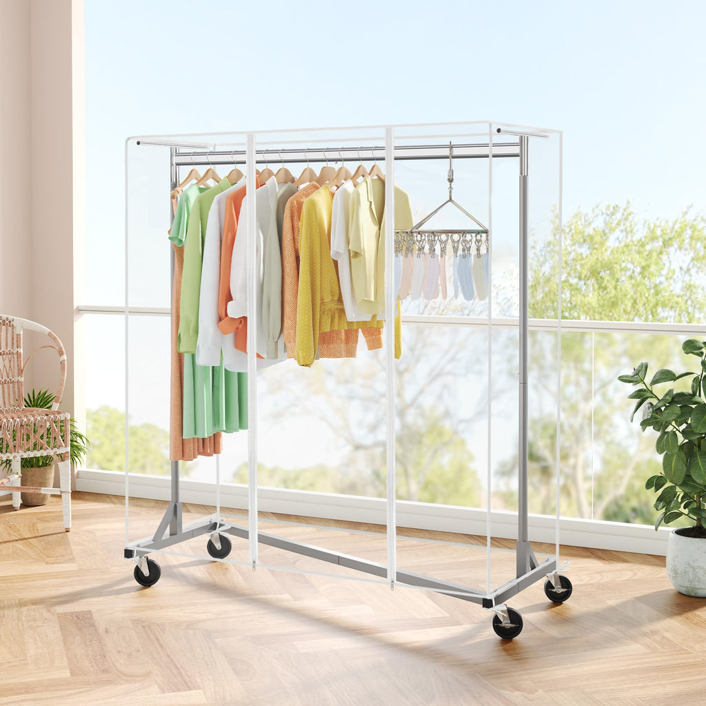 Z Clothes Rack with Cover, Heavy Duty Clothing Rack, Rolling Garment Rack with Wheels, with Dustproof Cover
