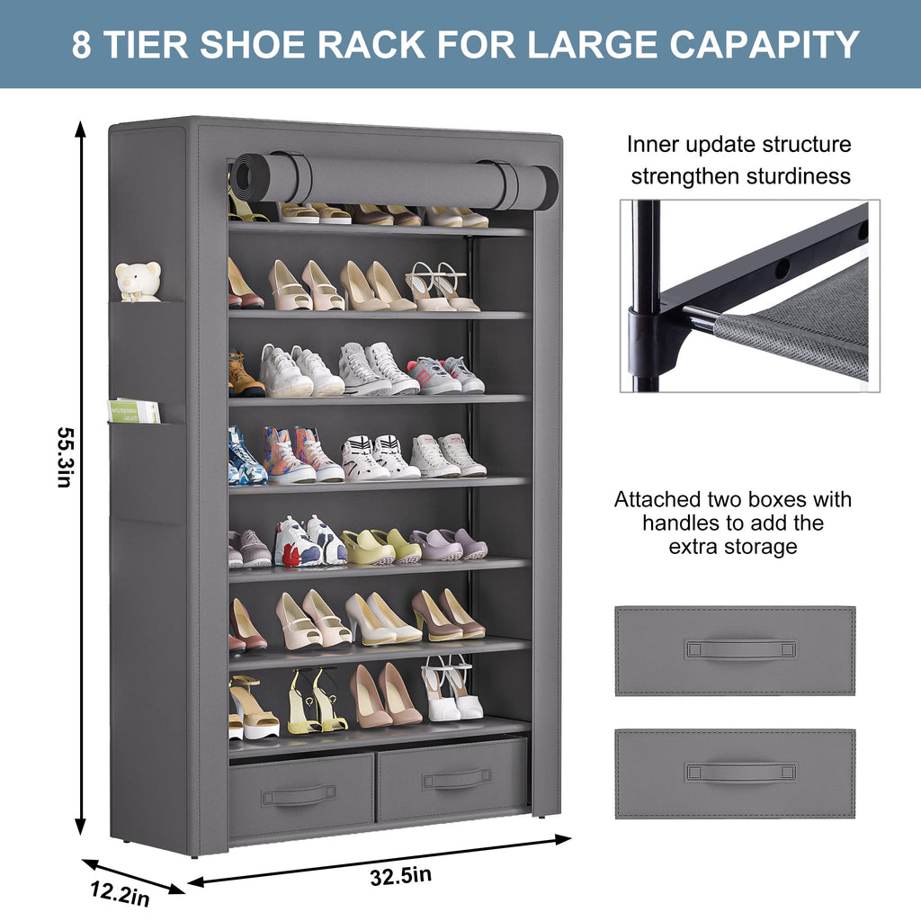 Shoe Rack Dustproof Sturdy 8Tier Tall Large Storage with Side Pocket