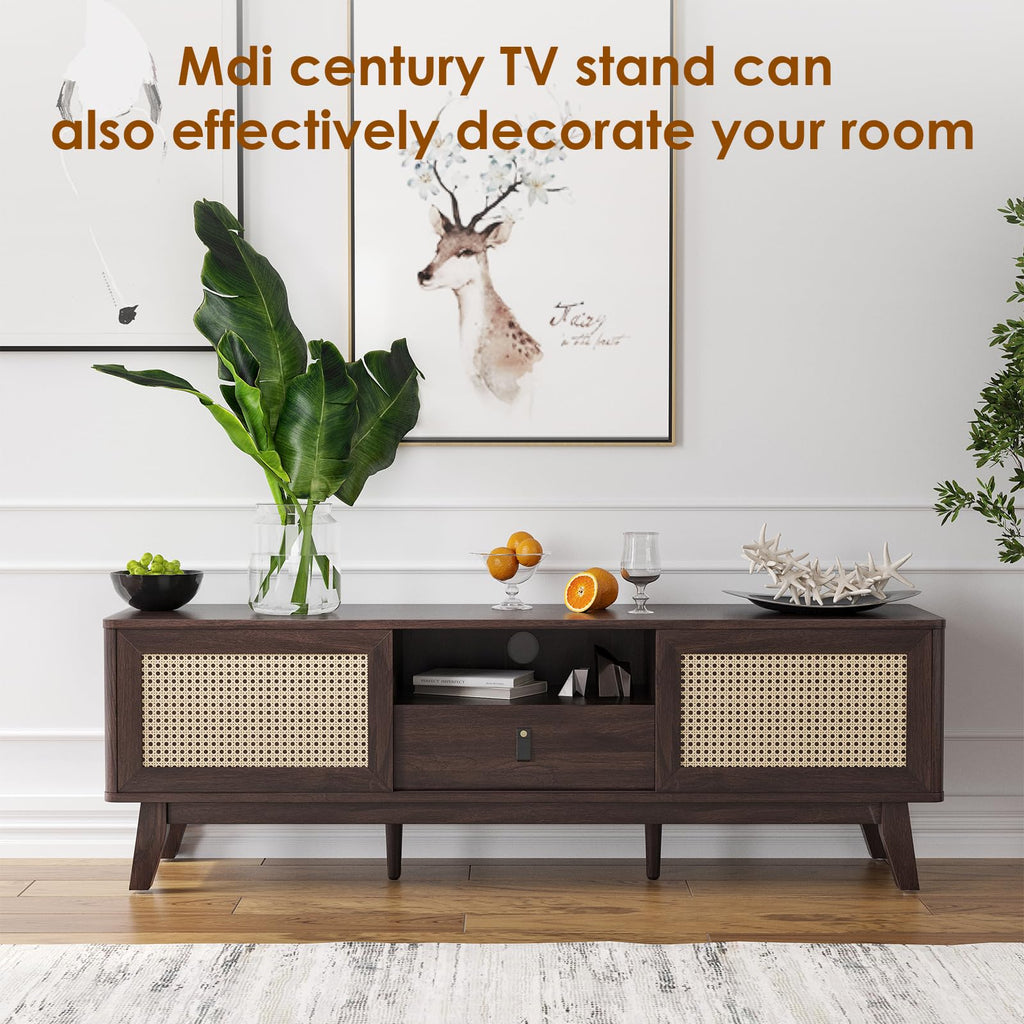 Rattan TV Stand for TVs, Wood TV Stand Mid Century Modern TV Stand TV Media Console with Drawer and 2 Cabinets, Boho