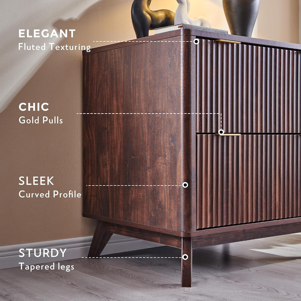 31.8-Inch Fluted 2 Drawer Lateral File Cabinet, Dark Walnut | Filing Cabinet with Files Hanging Rod for Letter