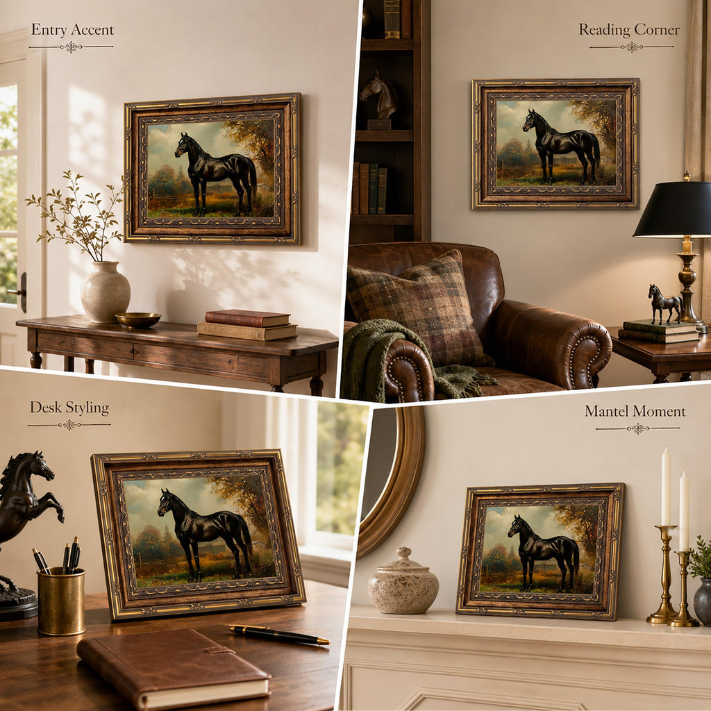 Vintage Gold Framed Black Horse Canvas Wall Art 12x16in