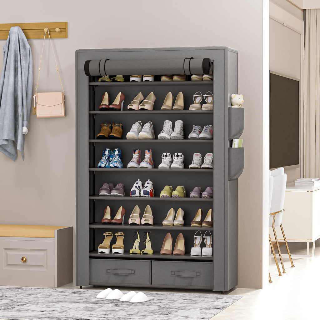 Shoe Rack Dustproof Sturdy 8Tier Tall Large Storage with Side Pocket