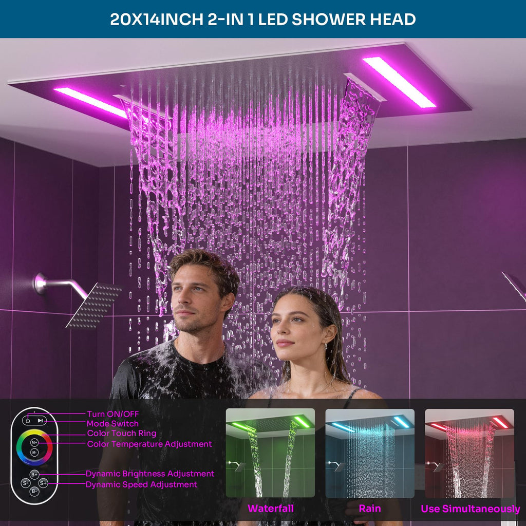 Shower Faucet Set with Glowing Icon Valve, 2 In 1 Functions Ceiling Mount 14x20inch LED Shower Head with 6 Inch