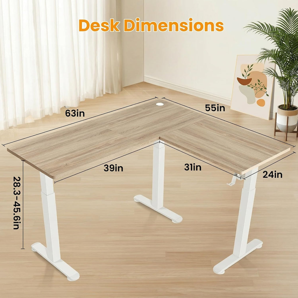 63x55 Inch L Shaped Standing Desk, Electric Adjustable Height Stand Up Desk, Corner sit Stand Desk with 39x18 in