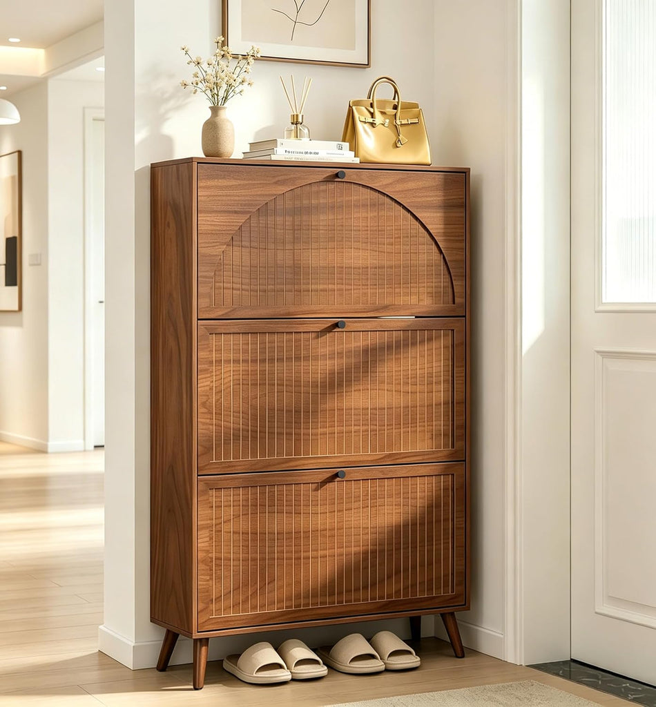 Shoe Storage Cabinet with 3 Flip Drawers, Narrow Shoe Organizer with Fluted Panel, Freestanding Wood Hidden Shoe