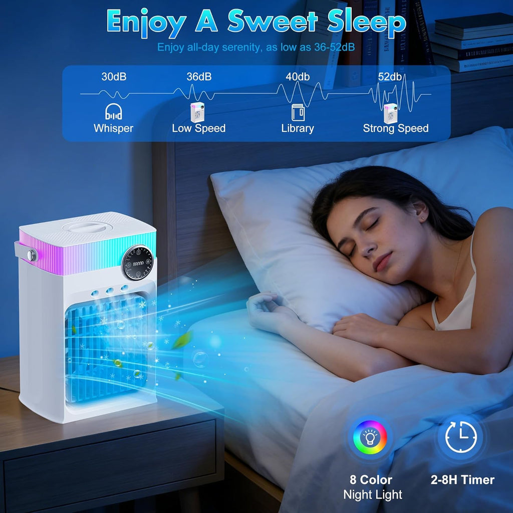 Portable Air Conditioners, Mini AC Unit Cooling Fan,1200ML Small Air Cooler Fans with Remote, 3 Mist,3 Speed,8 Light