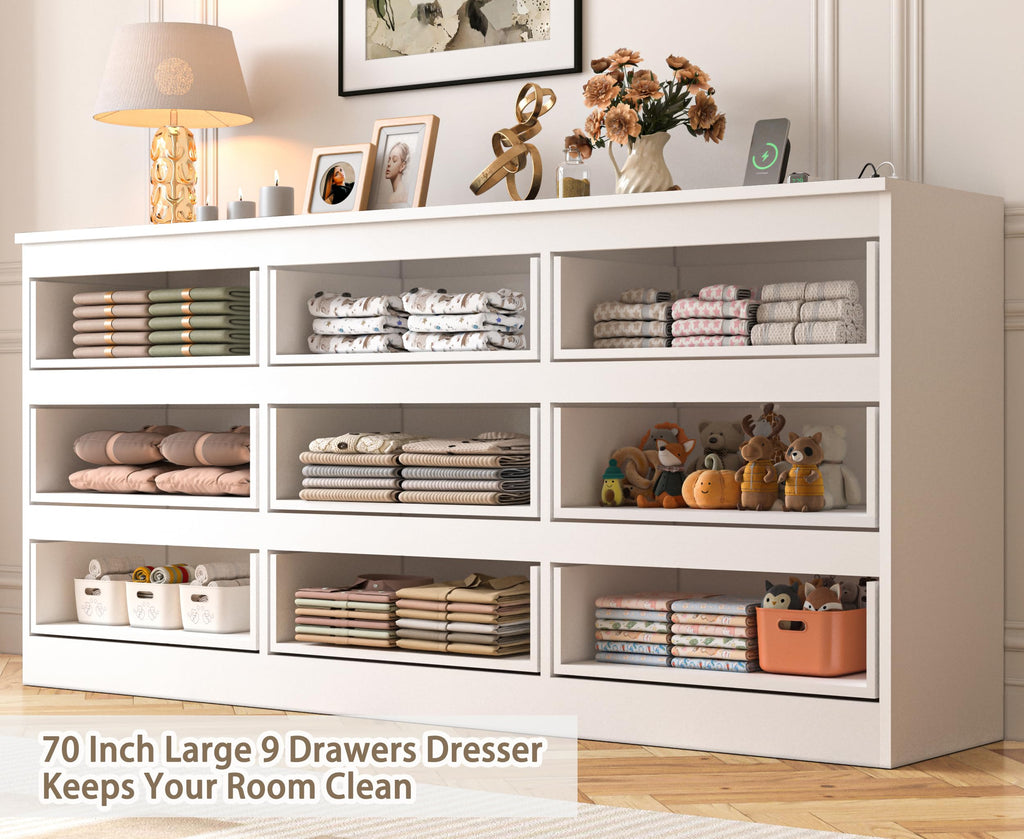 70 INCH 9 Drawers Dresser with Power Outlet, Wide High Gloss Chest of Drawers Large, Modern Storage Drawer Dresser