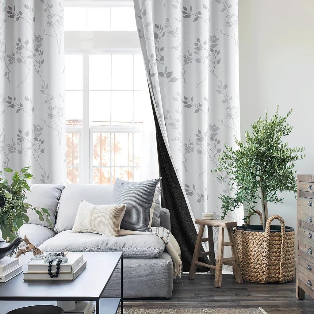 Floral 100% Blackout Curtains 84 Inches Long 2 Panels for Bedroom Living Room Grey White Flower Patterned Room