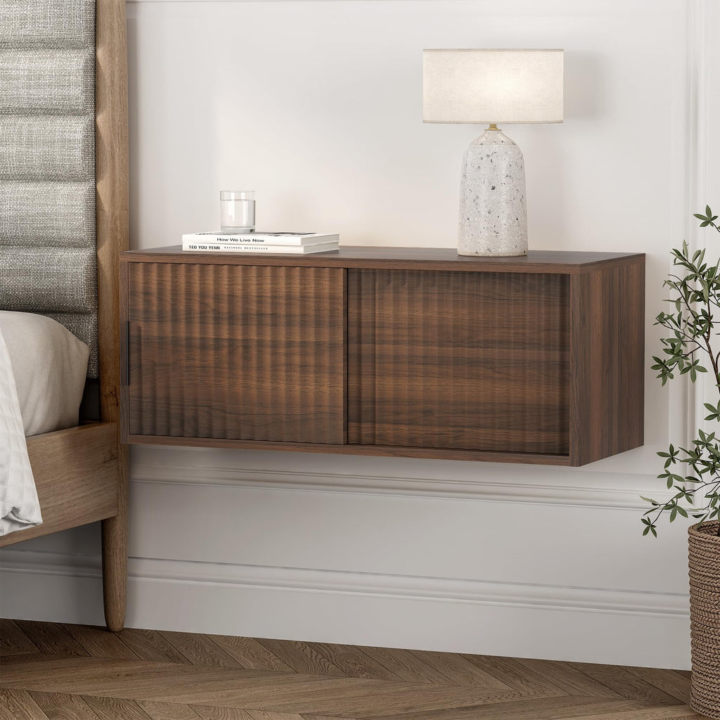 Large Floating TV Stands Set of 2, Modern Fluted Nightstands Wall Mounted Bedside Table Storage Cabinet with Sliding