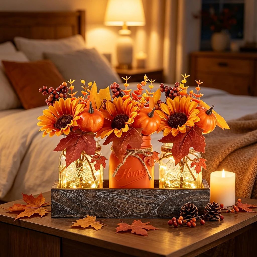 Mason Jar Fall Thanksgiving Table Decorations, Centerpieces for Tables - Set of 3