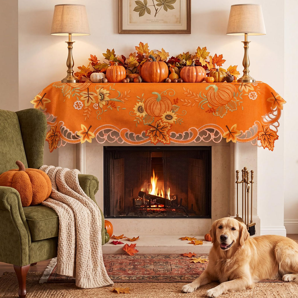 Fall Tablecloth Embroidered 34 in Square Rust Orange Autumn Decor