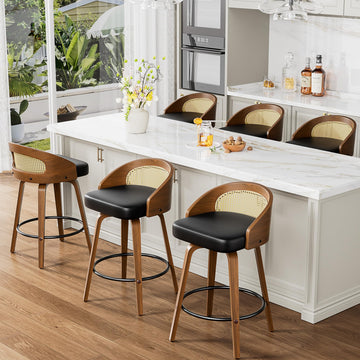 Bar Stools Set of 6, 26" Counter Height Stools with Rattan Back
