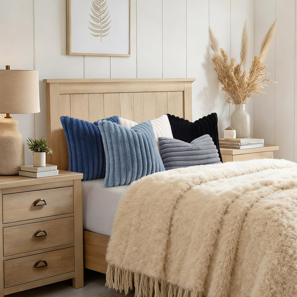 Fall Faux Fur Throw Pillow Covers 18x18 Set of 2 Grey Blue
