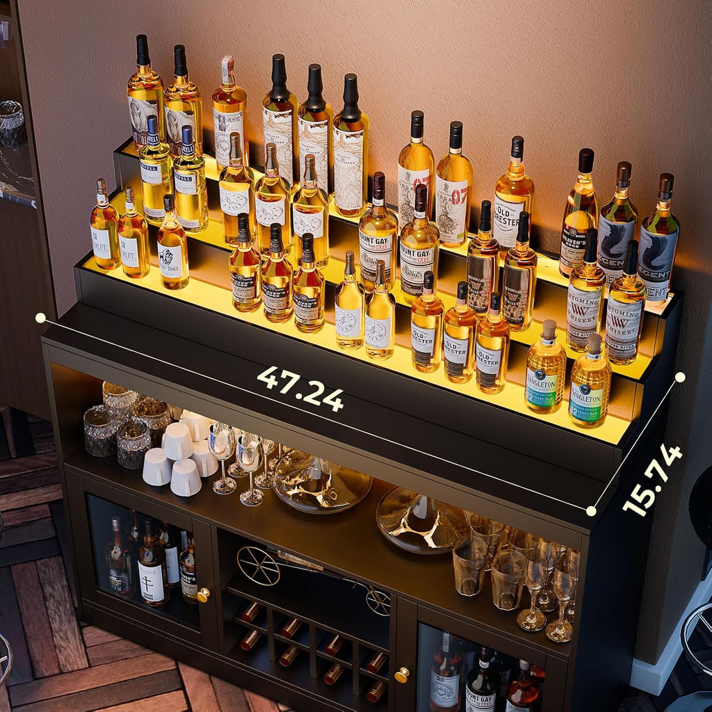 Wine Bar Cabinet with LED Lighted Liquor Bottle Display Shelf, Liquor Cabinet with Glass Holder, Coffee Bar for