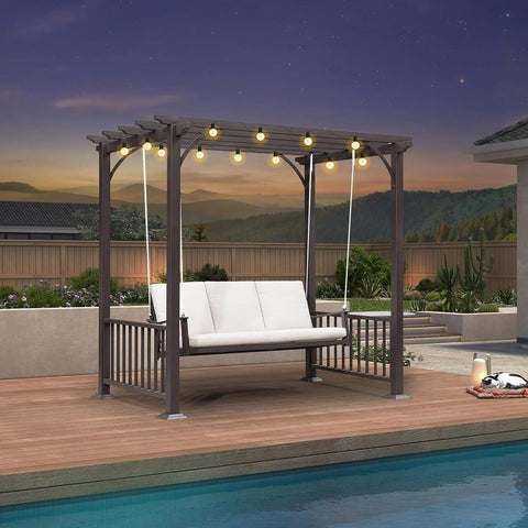 3-Seat Porch Swing with 12 Clear LED Lights Outdoor Metal Pergola Swing Hanging Cloud Swing Chair for Backyard Garden
