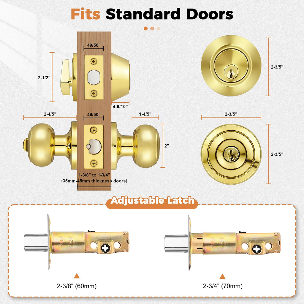 Polished Brass Entry Door Knob Lock Set and Single Cylinder Deadbolt Combination Set, Keyed Alike, 3 Pack