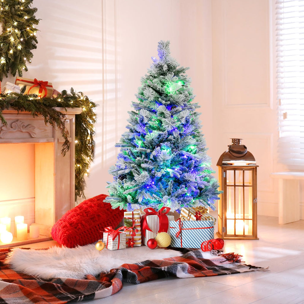 4.5ft Pre-Lit Snow Flocked Christmas Tree, Artificial Hinged Xmas Tree with 160 Multi-Color LED Lights, 8 Lighting