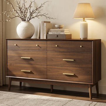 Mid Century Modern 6 Drawer Dresser, 54" W, Dark Walnut