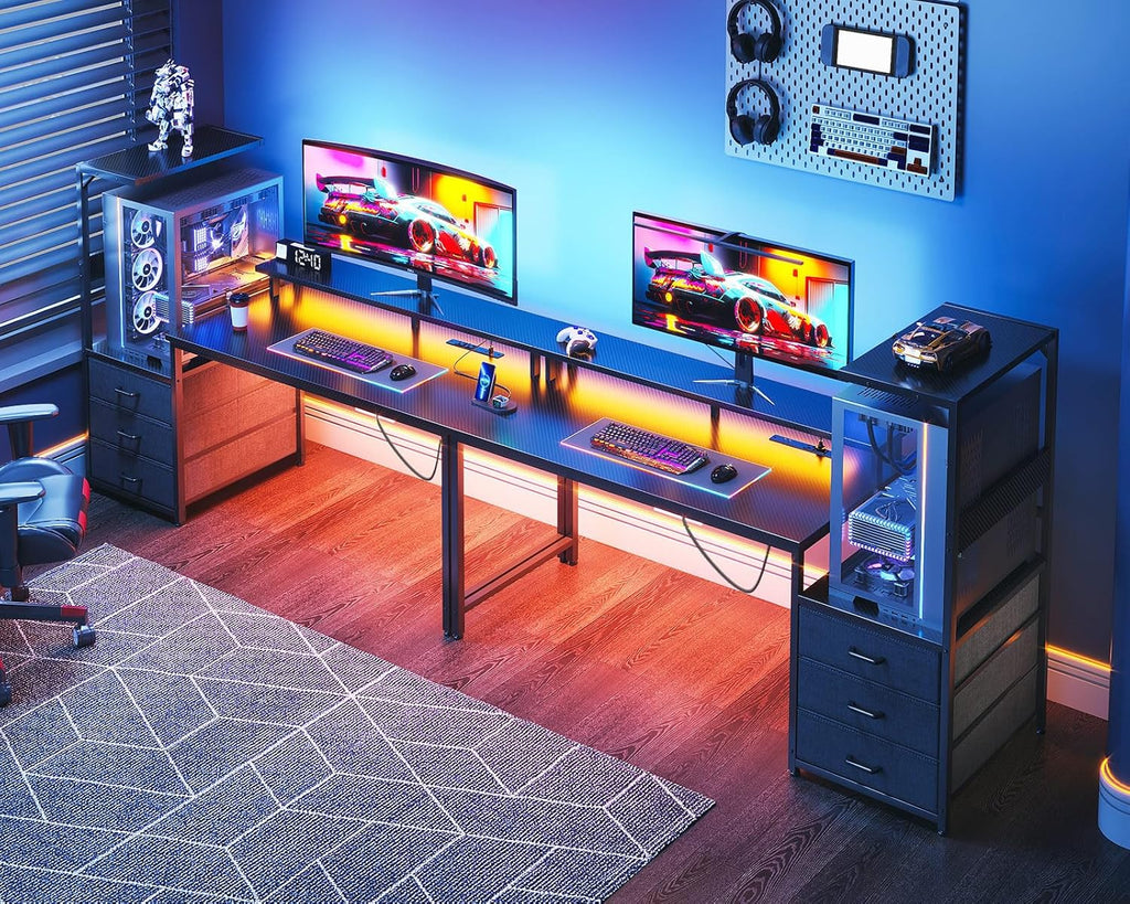 63 inch Gaming Desk with PC Display Stand, Reversible Steel Wood Computer Desk for Gaming Setup, Tiered Design to