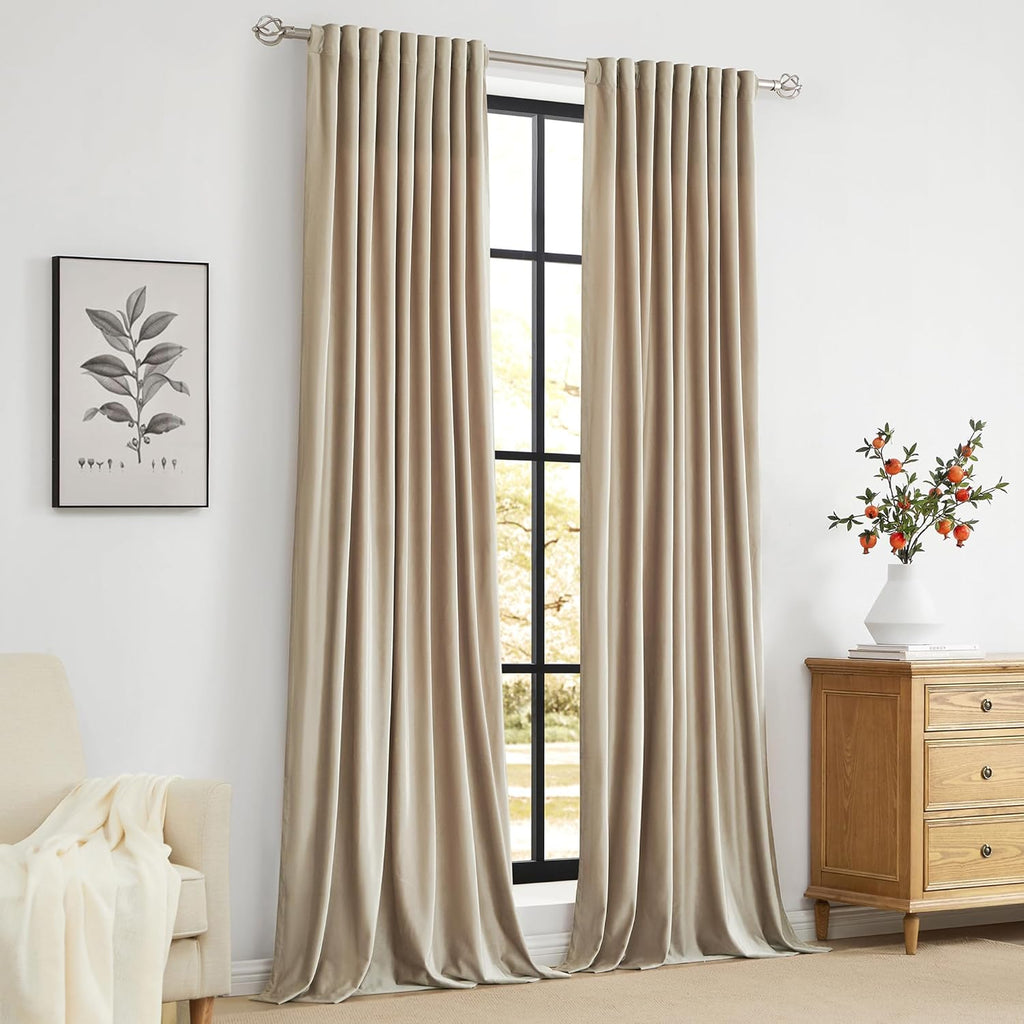 Champagne Polyester Velvet Curtains 96 inch Long,Set of 2 Panels Blackout Rod Pocket Back Tab Window Treatment Room