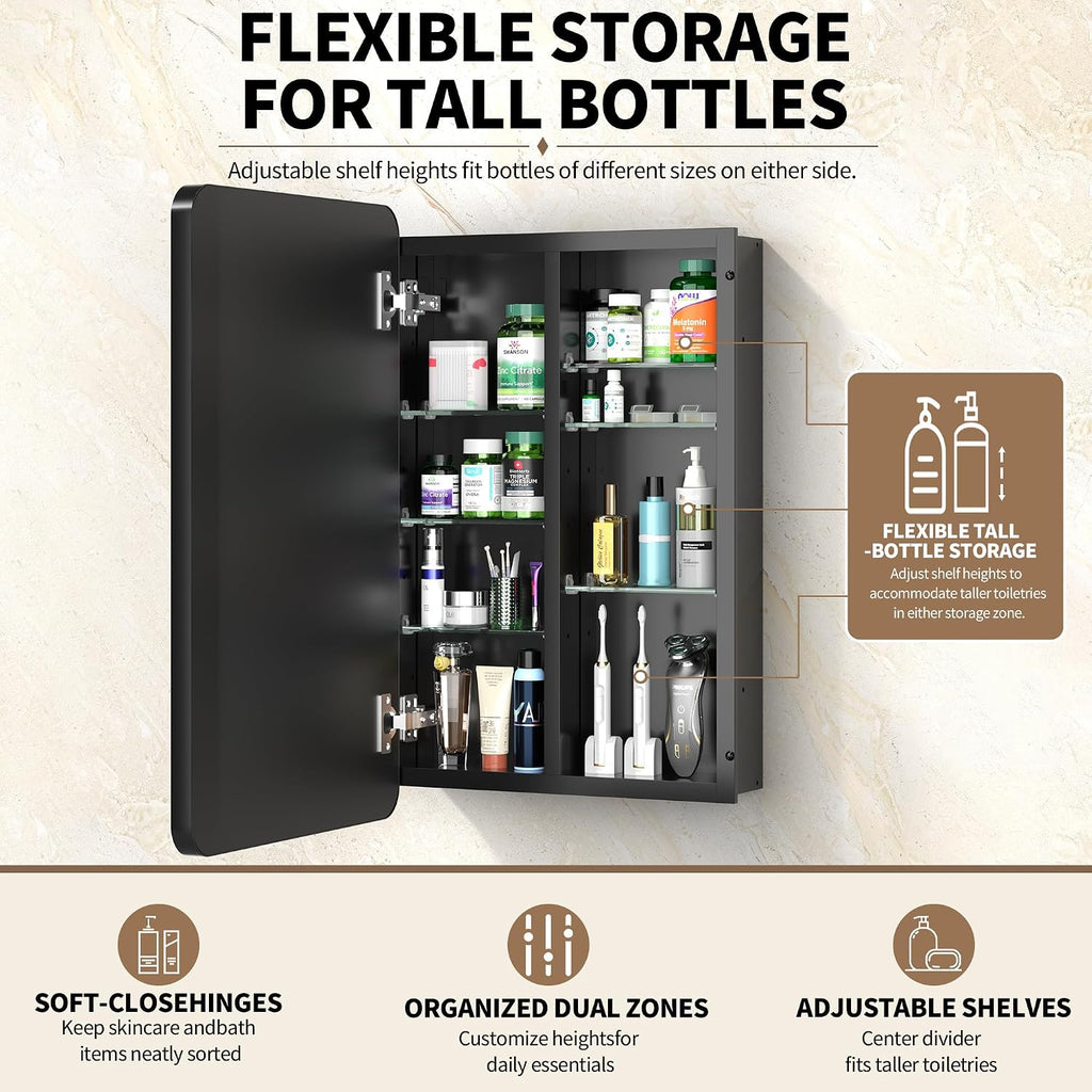 20x30 Black Medicine Cabinet with Mirror, Recessed & Surface Mount | Bathroom mirror with storage: 6 adjustable