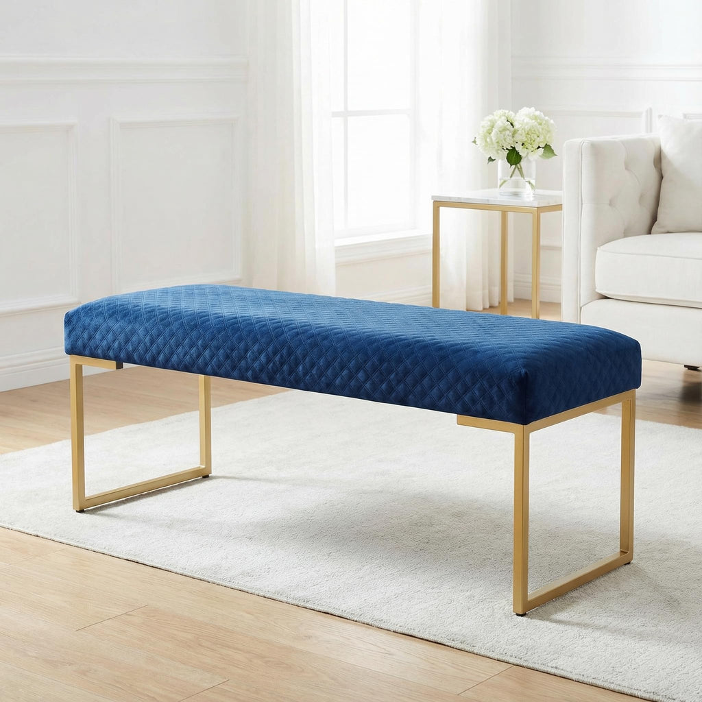 Claymore Large Ottoman Bench with Painted Gold Legs, Blue Velvet, 48"