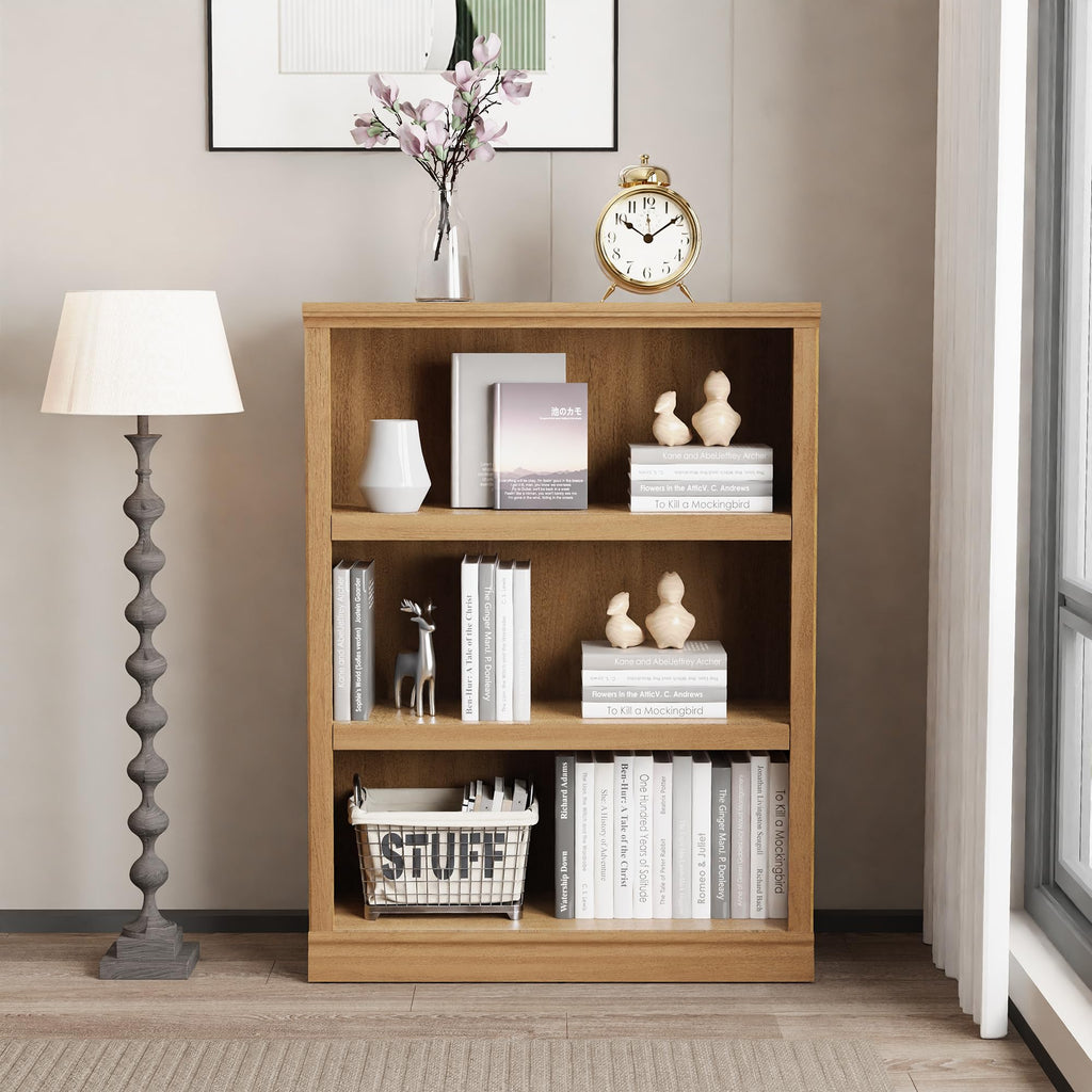 3-Shelf Bookcase Wooden Bookshelves 33in Wide Floor Standing Display Storage Shelves Oak Bookcase, Bed Room