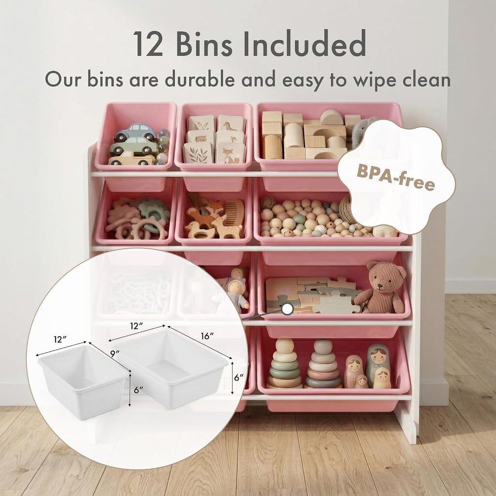 Kids Toy Organizer with 12 Bins, 4 Tier Storage | Sturdy wood and steel toddler shelf, removable BPA-free containers