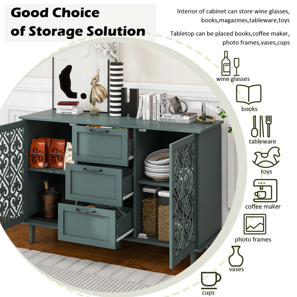 Green 2 Door 3 Drawer Sideboard Buffet, Farmhouse Accent Cabinet