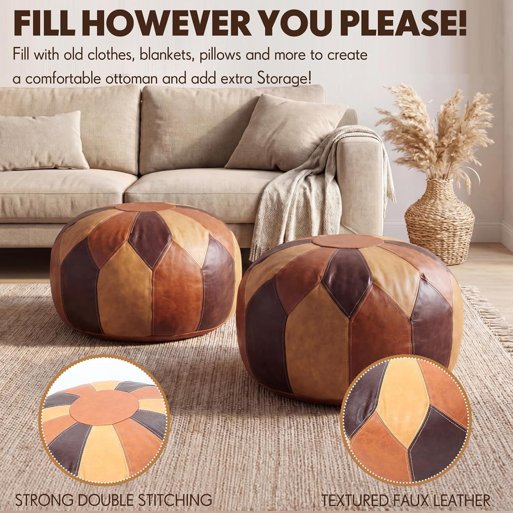 2 Pcs Unstuffed Moroccan Faux Leather Pouf Ottoman with Storage Round Boho Floor Pouf Foot Stool Decorative Ottoman