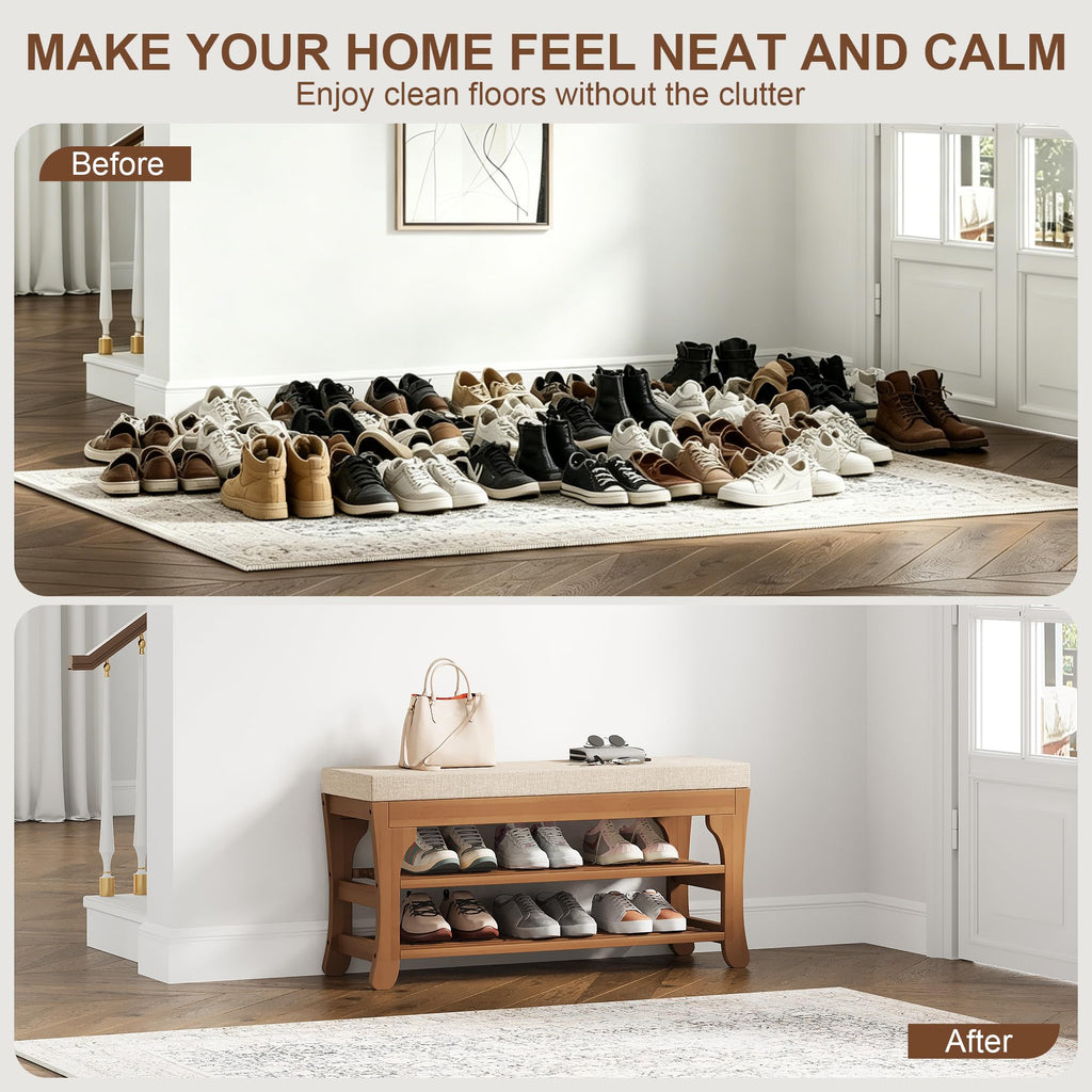 27.6" Shoe Storage Bench with Cushion, Bamboo Shoe Rack Bench, 2-Tier Entryway Shoe Organizer, Supports up to 350 LB