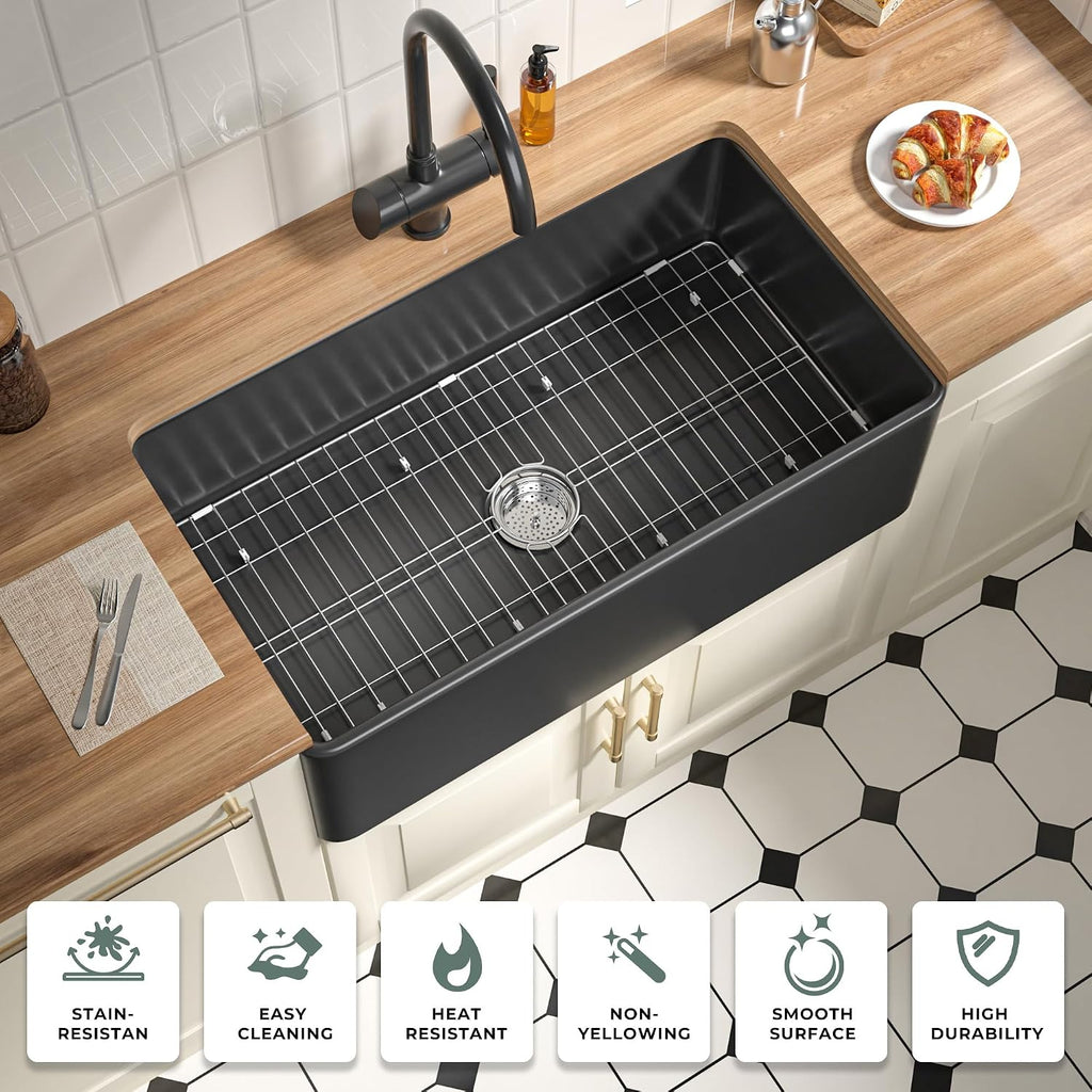 Matte Black Farmhouse Sink 33 Inch Fireclay Apron Front Kitchen Sink | 33"Wx18"Dx10"H Farm Sink Heavy Duty Fireclay