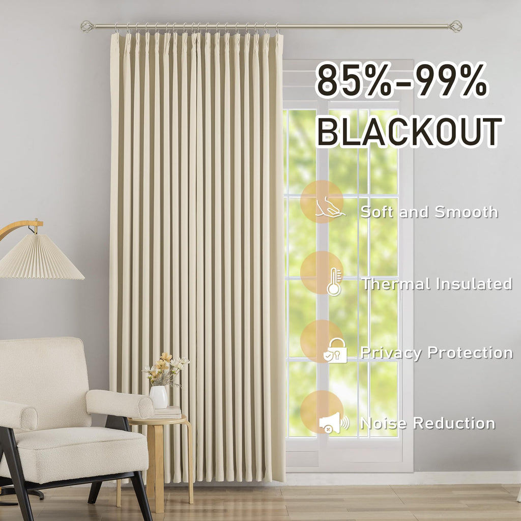 Cream Pinch Pleated Blackout Curtains with Hooks - 144 inches Extra Long Room Darkening Thermal Insulated Window