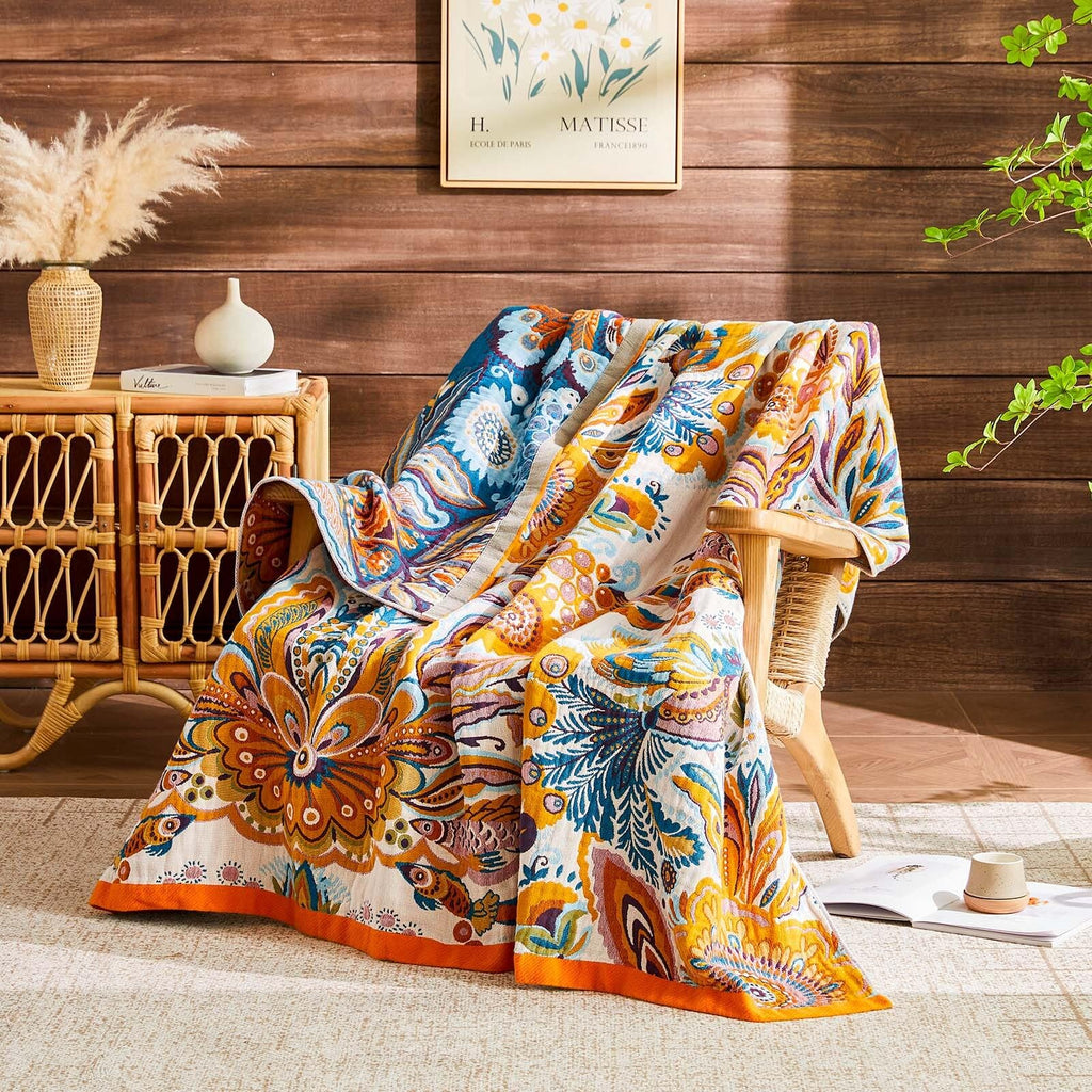 Boho Blanket Soft Muslin Boho Throw Blanket 100% Cotton Blanket All Seasons Reversible Rustic Floral Printed Vintage