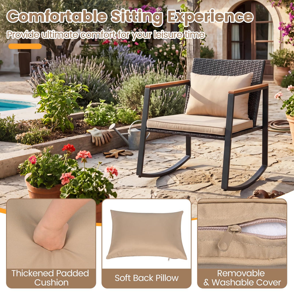3-Piece Outdoor Rocking Chair Set, Beige Cushion & Natural Armrest