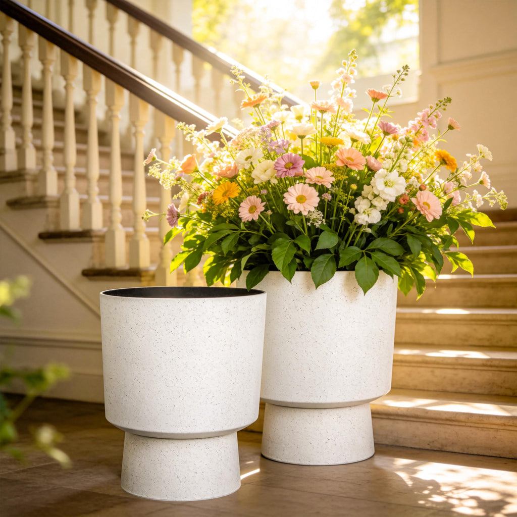 Autodaya 16.75" Urn-Style Planters Set of 2, White Terrazzo Pedestal